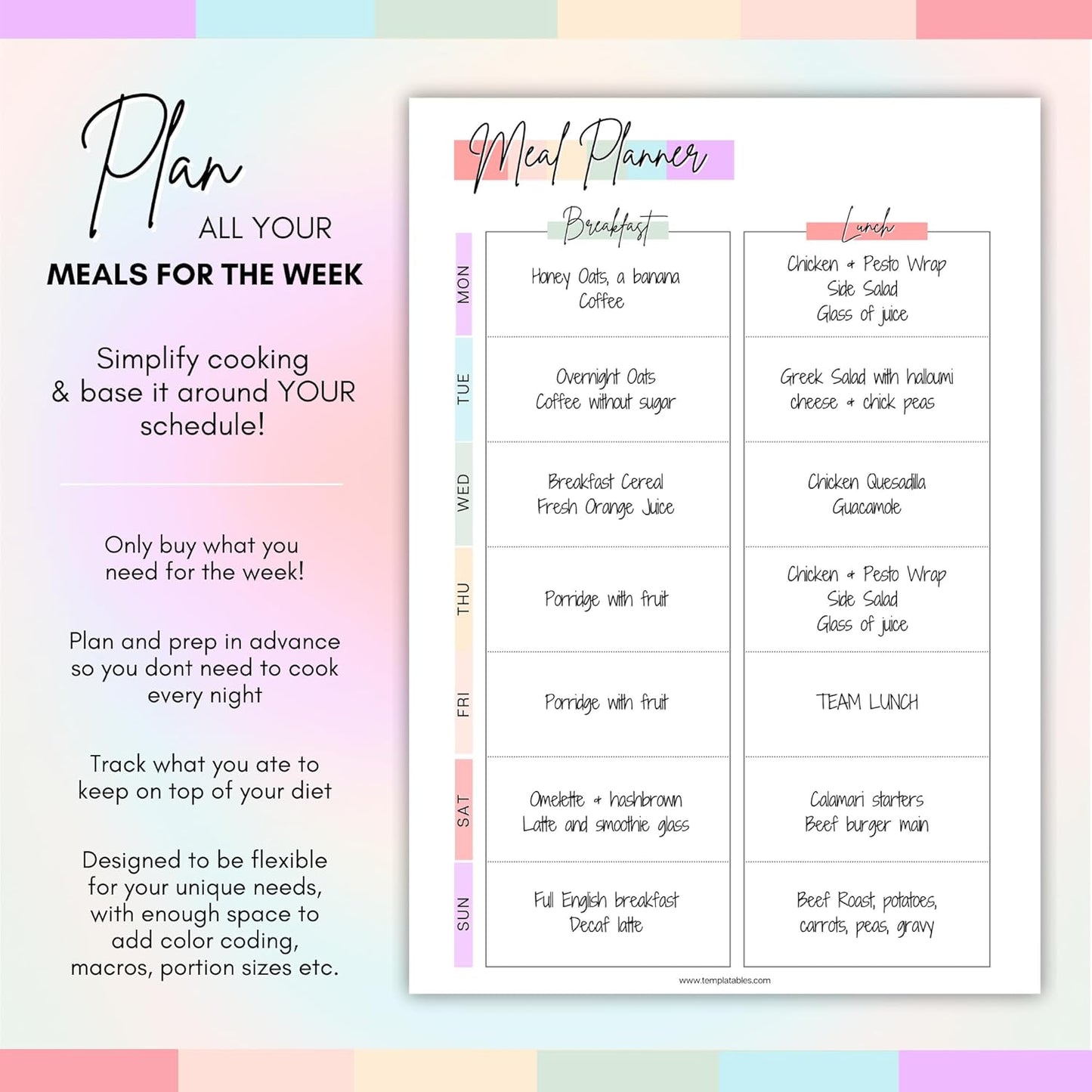 Meal Plan | Weekly Meal Planner & Food Diary, Food Journal for Tracking Meals & Shopping, Grocery List, Meal Prep Planner, A5 Rainbow