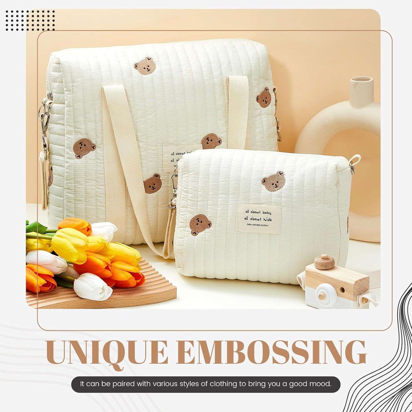 Paterr 2pcs Quilted Diaper Bag Tote Set Multifunction Cotton Maternity Hospital Bag Overnight Travel Handbag for Women Nurse