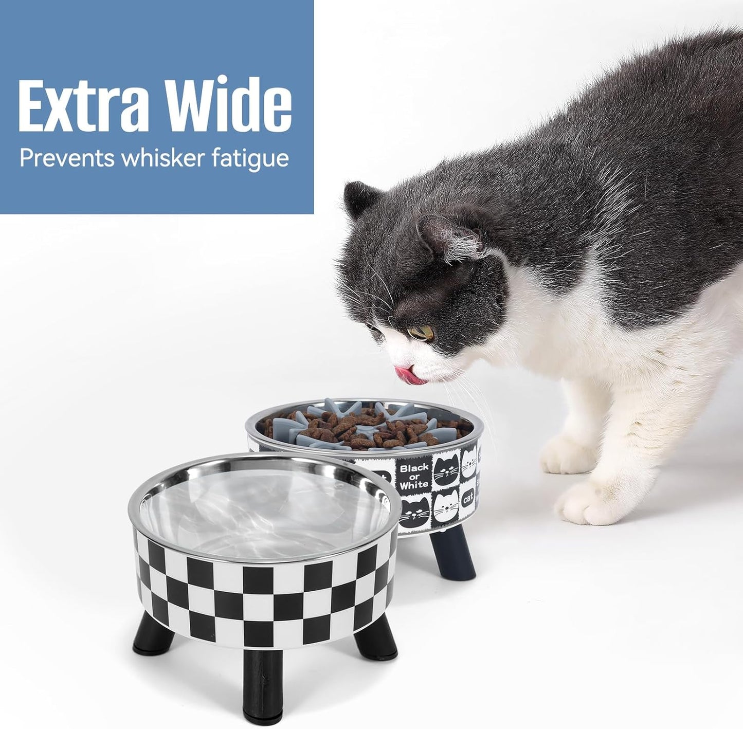 2PCS Elevated Cat Bowls with Slow Feeder, Wide Raised Stainless Steel Cat Dishes Plastic Stand Silicone Slow Food Dispenser, Whisker Friendly Pet Water Food Plates Feeding Station Indoor Cats, Kitten