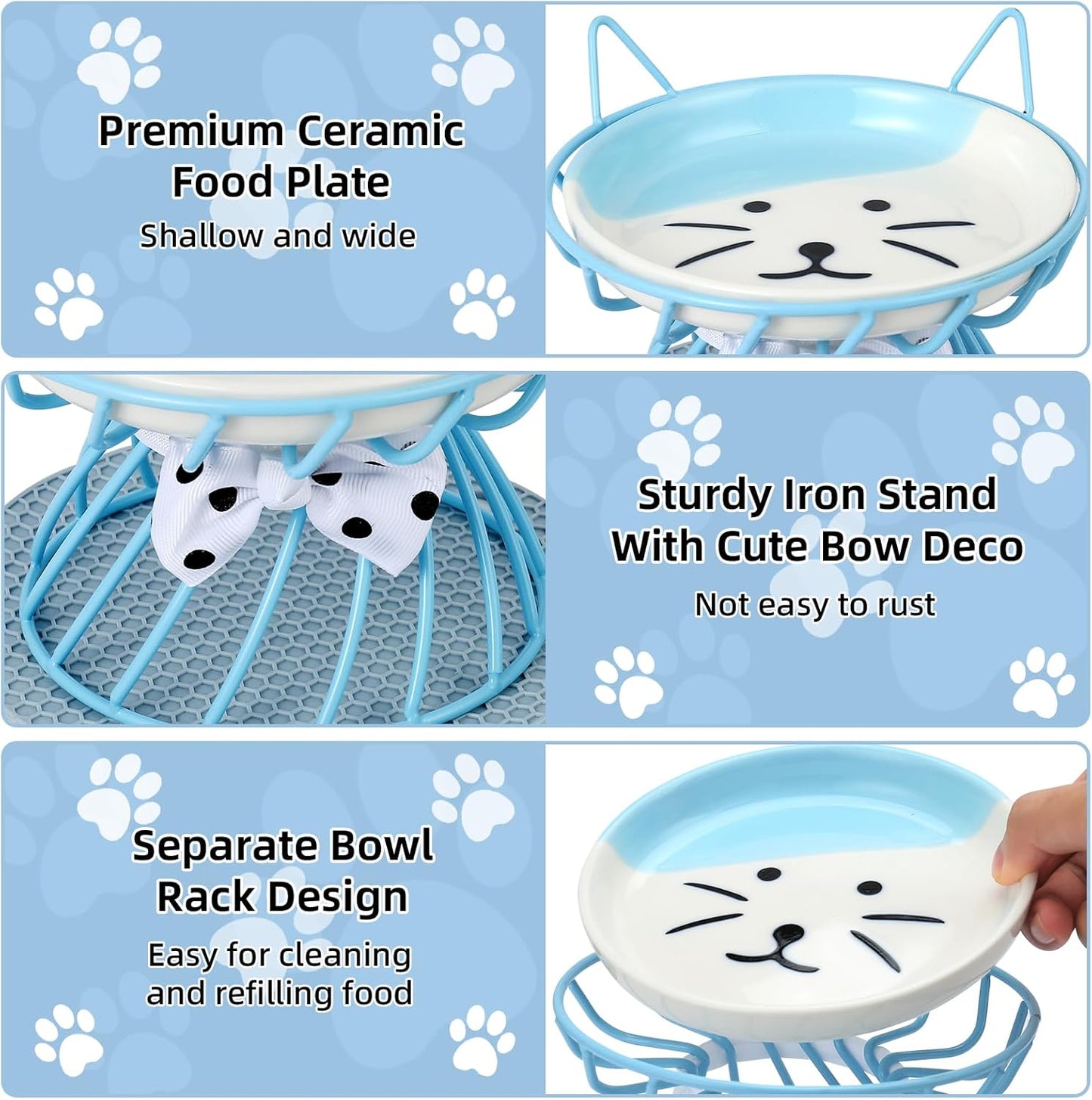 Elevated Cat Food Dishes, Whisker-Friendly Cat Plates with Metal Stand for Food and Water, Anti-Vomit, Non-Slip Feeding Station for Indoor Cats, Kitte