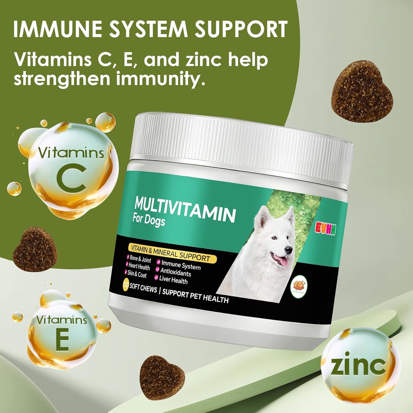 Multivitamin for Dogs，Dog Multivitamin Chews with Essential Vitamins & Minerals - Skin & Coat Health, Immune Support, Heart & Liver Care, Chicken Flavor, 120 Count