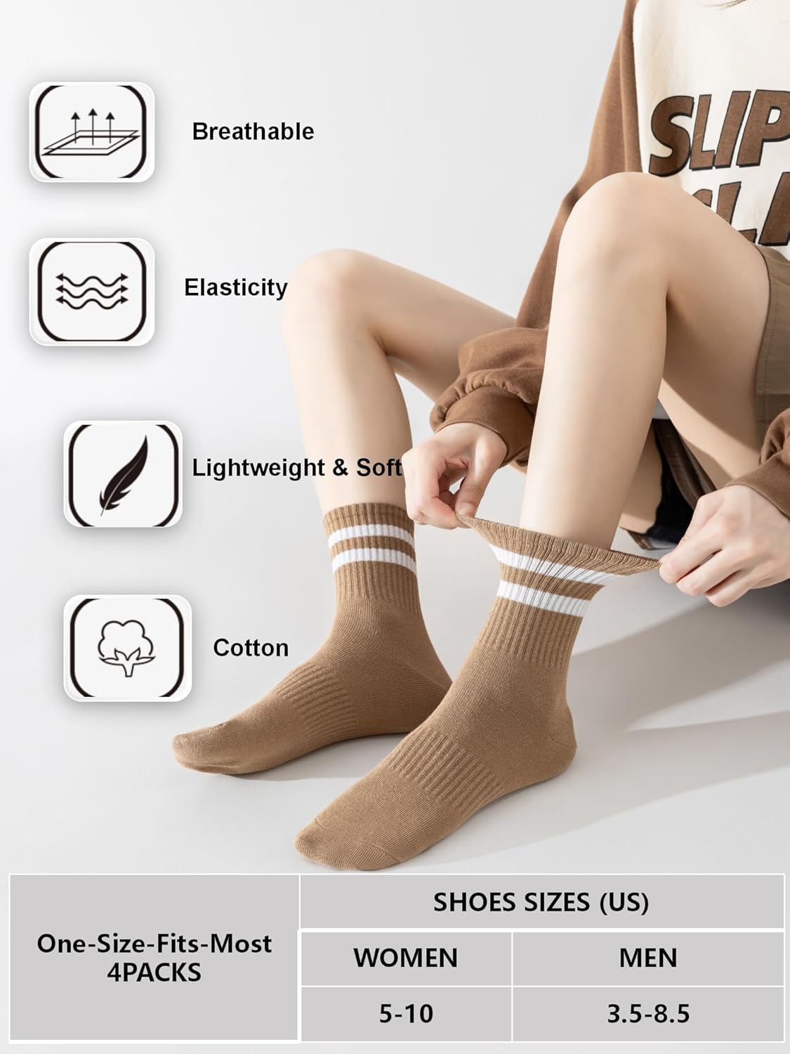 YUWELL Womens Striped Crew Socks, Cotton Cozy Casual Socks for Women 4 Pairs, Size 5-10