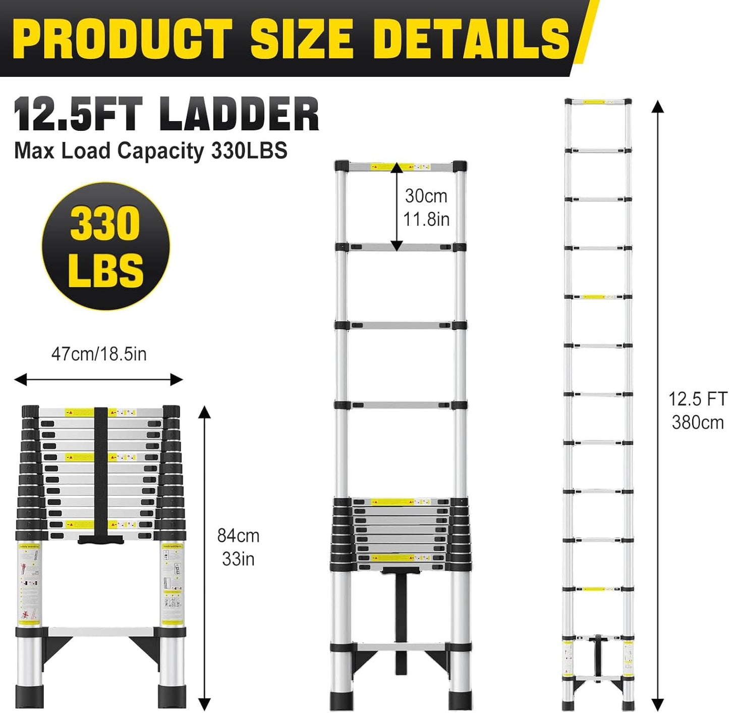 Telescoping Ladders,12.5 FT Aluminum Telescopic Ladder with Triangle Stabilizers and Non-Slip Feet,Portable Collapsible Extension Ladder for Home,RV,Outdoor Work,330lbs Max Capacity