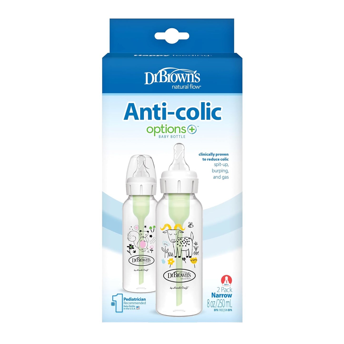 Dr. Brown's Natural Flow Anti-Colic Options+ Narrow Baby Bottle, Goat and Squirrel, 8 oz/250 mL, with Level 1 Slow Flow Nipple, BPA Free, 0m+, 2-Pack