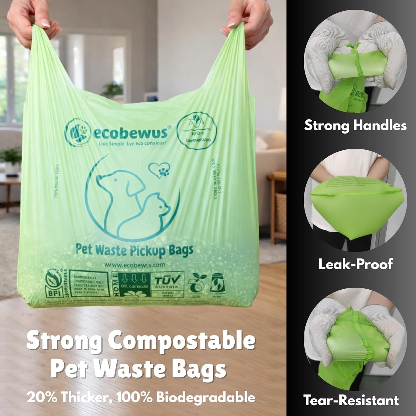 100% Compostable XL Pet Waste Bag (120 ct.) Plant-Based Biodegradable Cat Litter Poop Bags Doggy Poop Bags with Handles Compost Liners US BPI ASTM D6400 & OK Compost Home Certified (120 ct)
