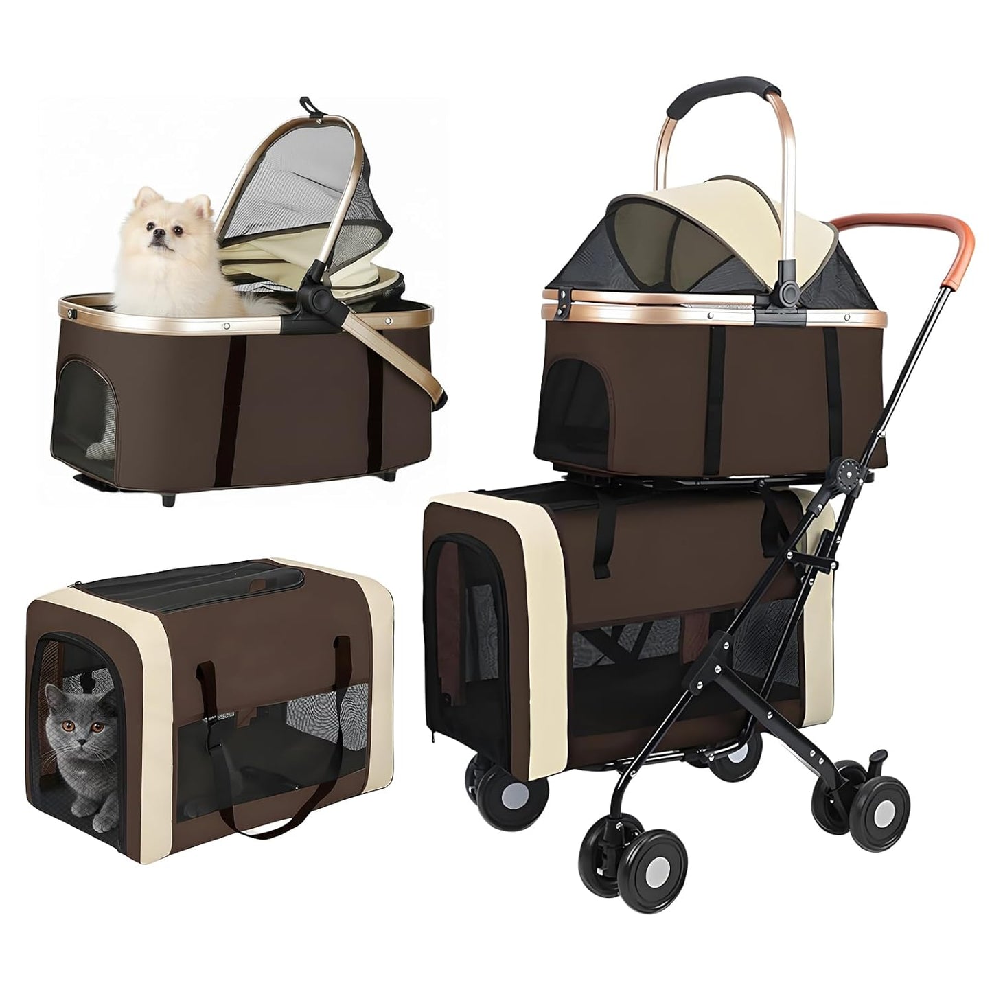 Double Pet Stroller for Dogs and Cats, One-Step Folding Dog Stroller Travel Carriage for Small Medium Dogs Cats, 2 Detachable Carrier Bags, 4 Lockable Wheels (Brown)