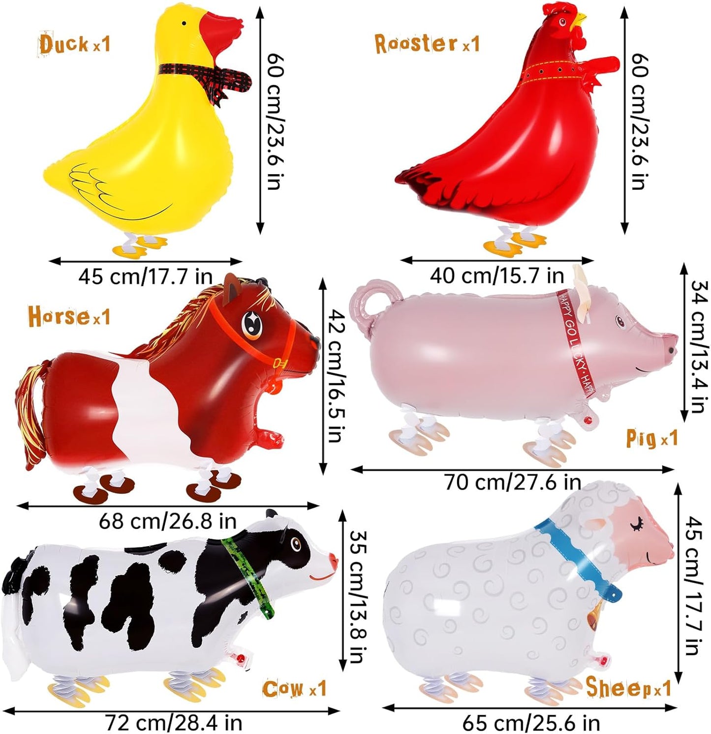 6 Pcs Walking Animal Balloons, Farm Animals Balloons, Walking Foil Mylar Balloon, Farm Birthday Decorations for Farm Theme Party Supplies (Animal)