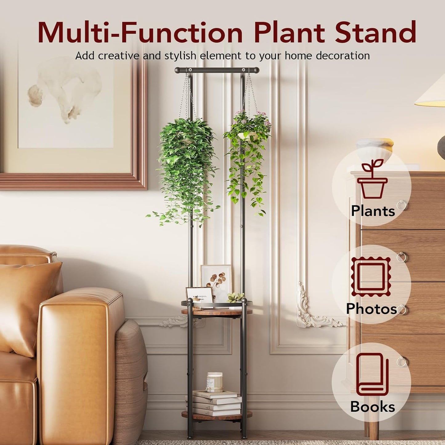 Plant Stand Indoor Outdoor - Heavy Duty Metal 2-tier Hanging Plant Holder Space-Saving Iron Plant Stands Tall Plant Shelf for Living Room Garden Balcony（Rustic Brown and Black）