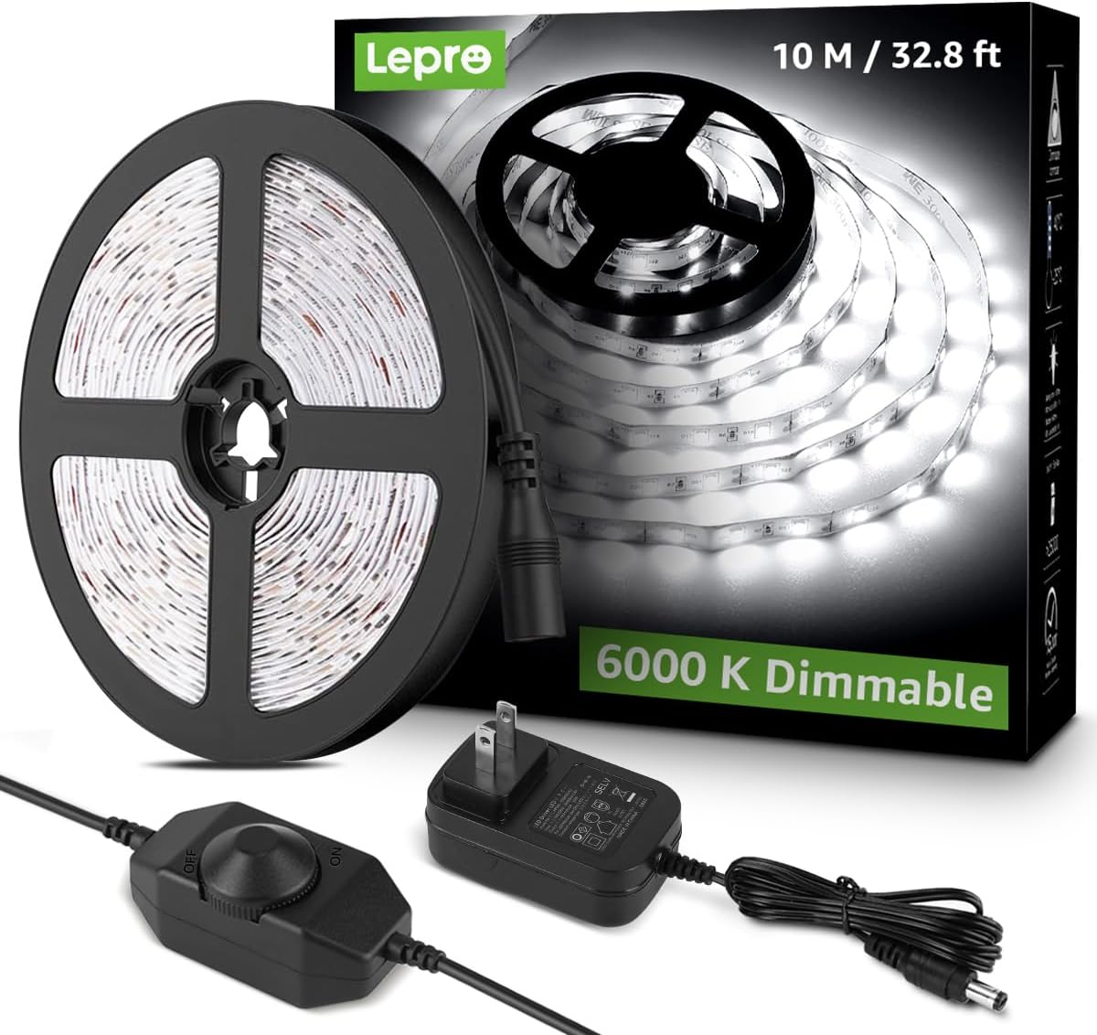Lepro LED Strip Light, 32.8Ft Dimmable Vanity Lights, 6000K Super Bright LED Tape Lights, 600 LEDs SMD 2835, Strong 3M Adhesive, Suitable for Home, Kitchen, Under Cabinet, Bedroom, Daylight White