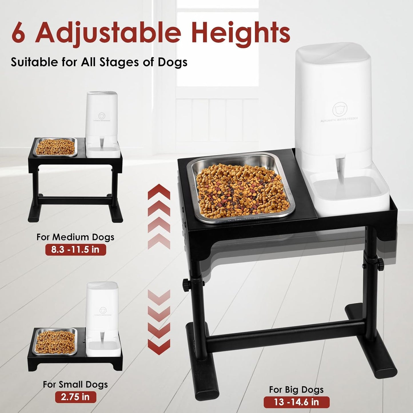 Elevated Dog Bowls with Water Dispenser and 304 Stainless Steel Bowl, Adjustable to 6 Heights, 2.75" to 14.6", Raised Dog Food Bowls for Small, Medium & Large Sized Dogs, Tilted Angle