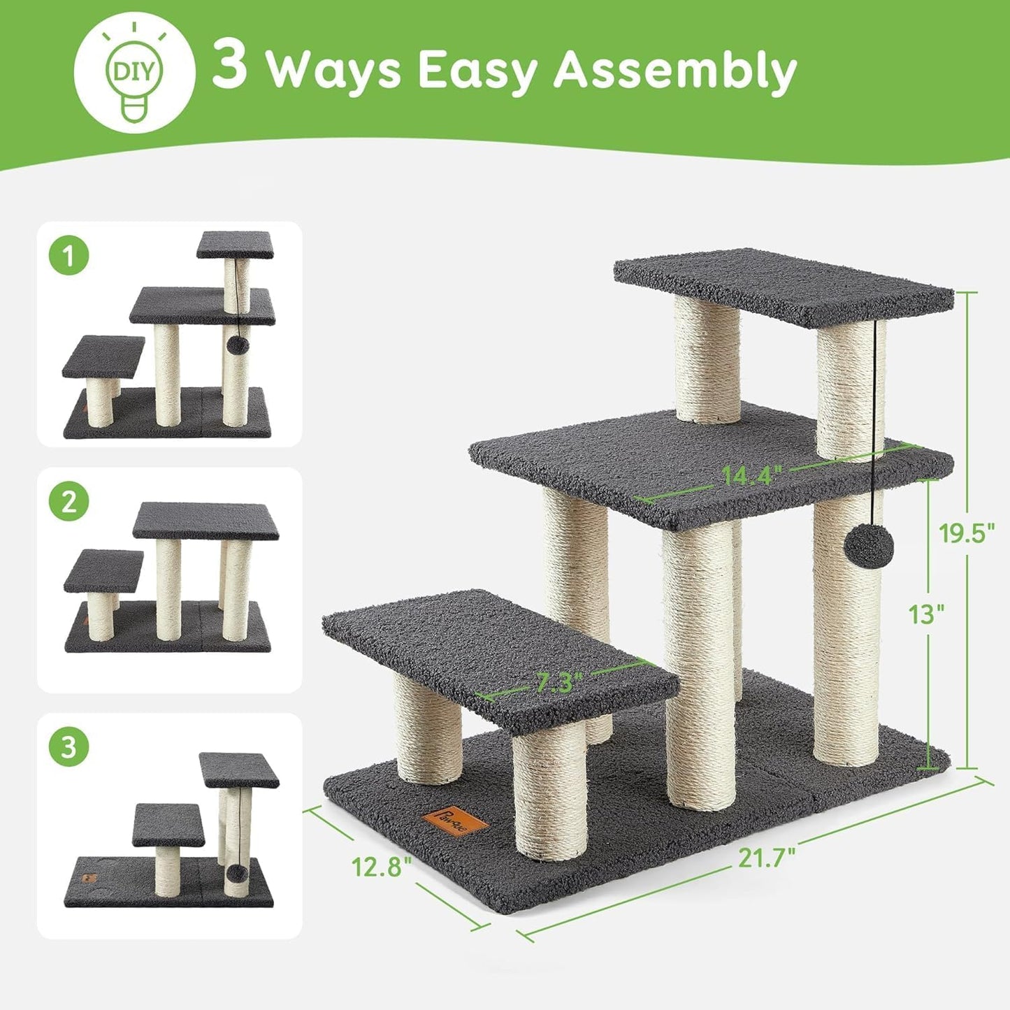 Pawque Dog Stairs & Cat Scratching Post Pet Steps for High Beds Couch, High-Strength Boards Holds up to 150 lbs for Indoor Small Cats Kittens Dogs Climbing Playing, 3 Combination Options, 3 Steps-Grey