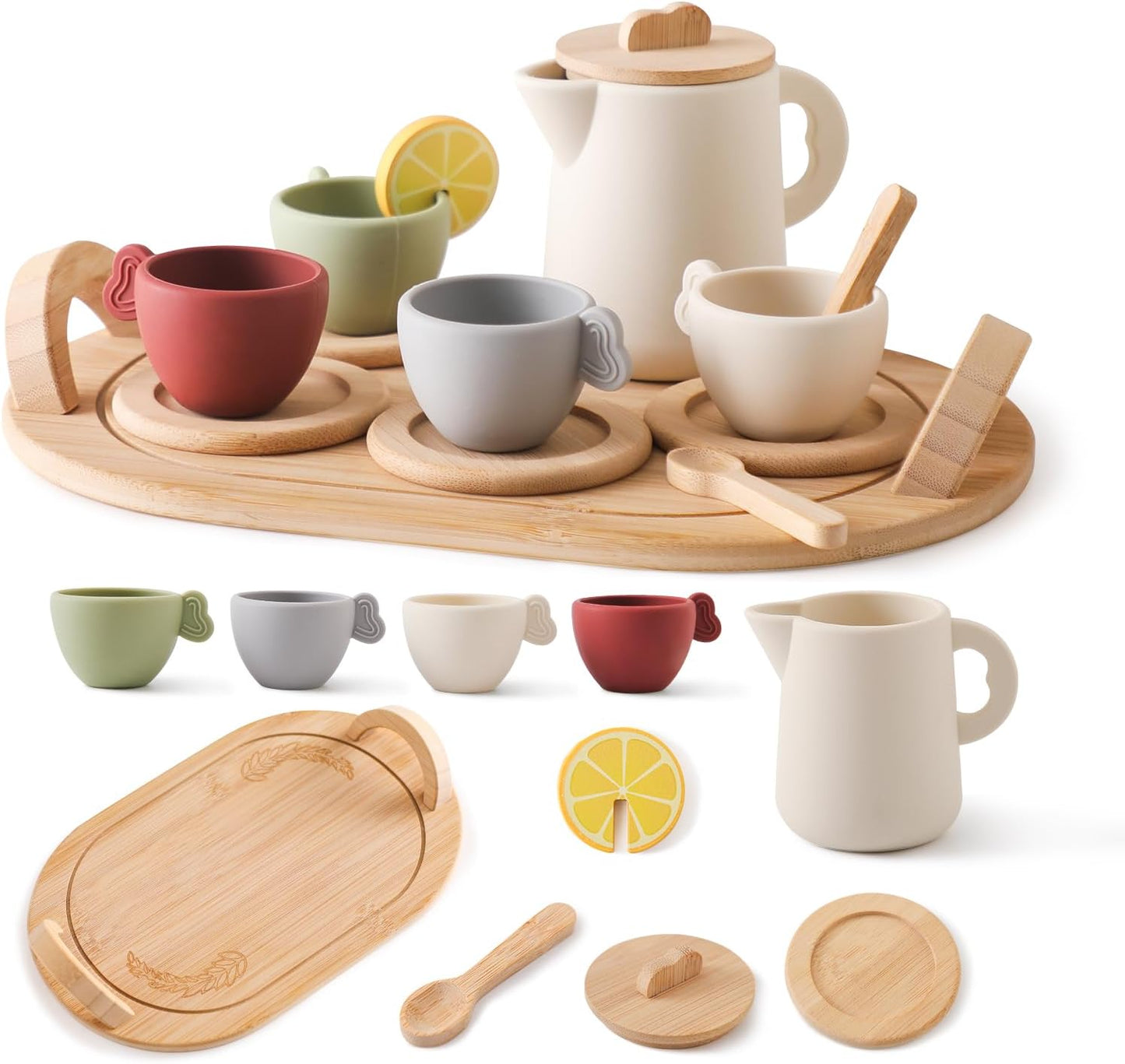 Youuys Wooden Tea Party Set for Toddler 3-5,Kids Tea Sets for Little Girls 4-6, 14pcs Silicone Kitchen Accessories, Pretend Play Montessori Toys with Tray for 3 4 5 6 Year Old Birthday