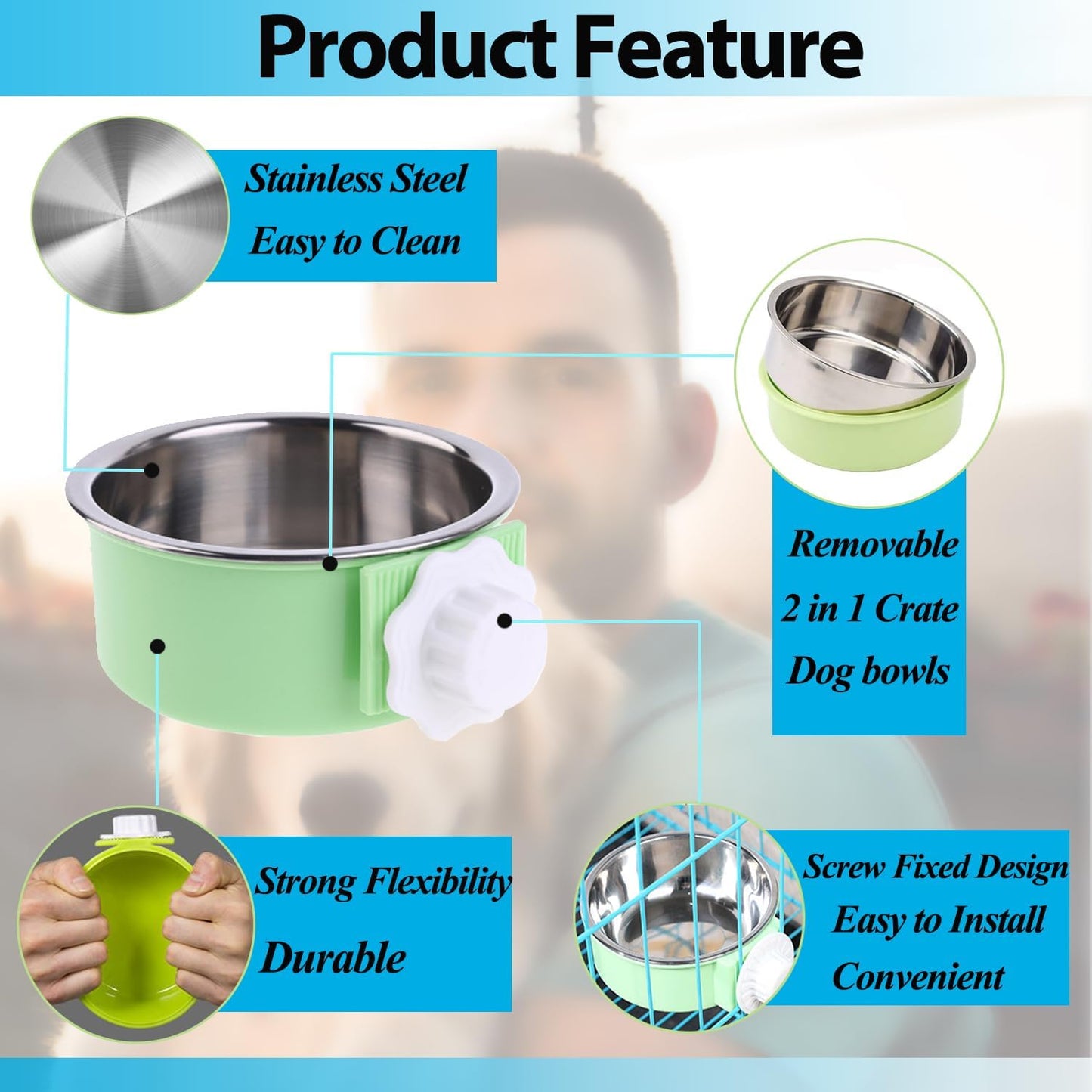 2 Pieces Crate Dog Bowl, Removable Stainless Steel Pet Kennel Hanging Food Water Feeder Bowl Cage Coop Cup for Puppy Medium Dog Cat Rabbit Ferret Bird (Blue,Green)