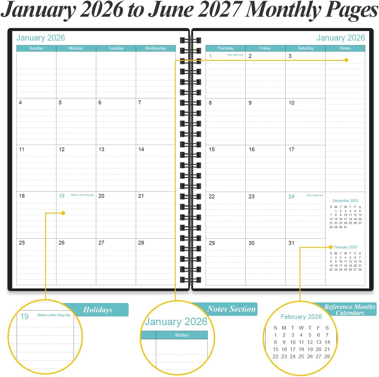 2026-2027 Planner - 18 Months Weekly & Monthly Planner from January 2026 - June 2027, Spiral Planners 2026-2027 with Elastic Closure, Inner Pocket, Medium 5.8" x 8.3", Black