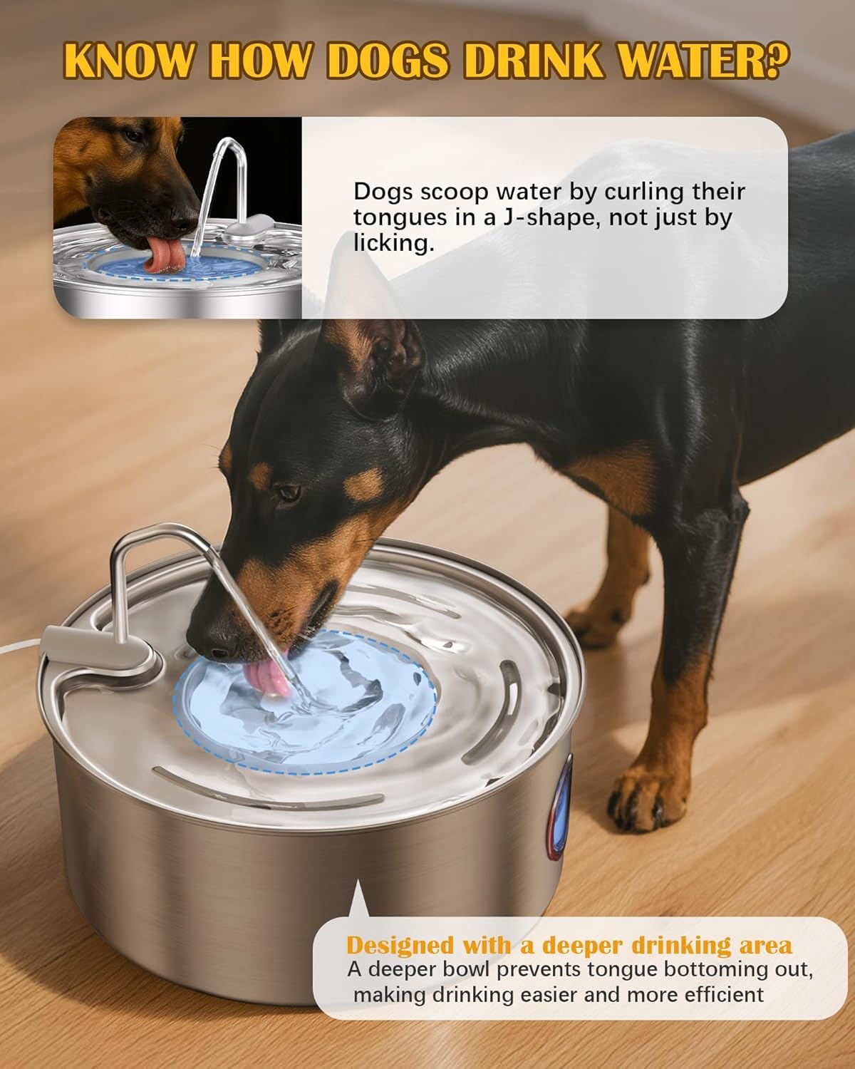 Stainless Steel Dog Water Fountain – 8L/270oz Automatic Waterer with Quiet Pump for Medium/Large Dogs, Cats & Multi-Pet Homes, Visible Water Window & Easy to Clean