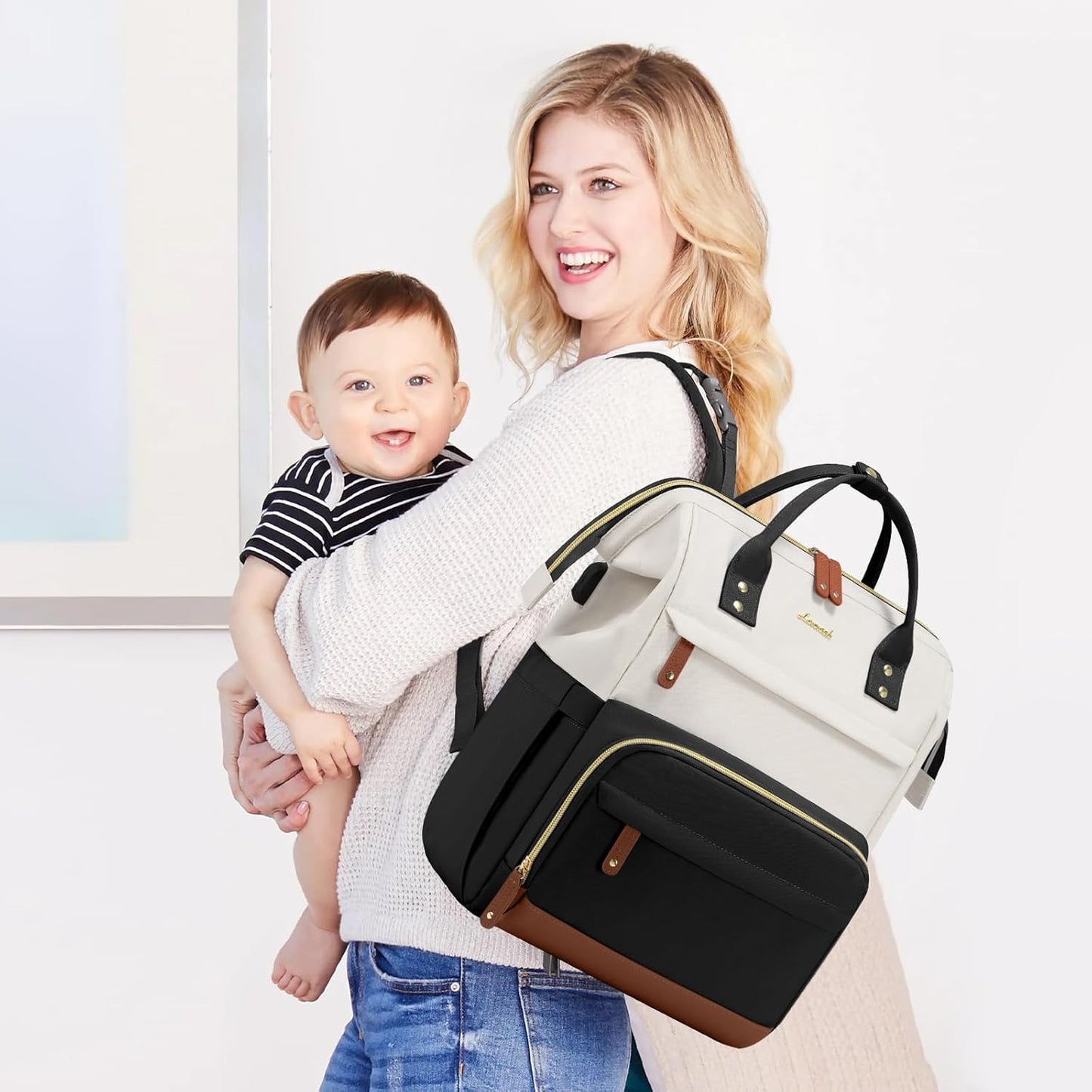 LOVEVOOK Diaper Bag Backpack, Baby Bag with Changing Station, Large Diaper Backpack for Mom Dads, Waterproof Mommy Bag for Boy and Girl, Travel Essential Baby Shower, Black-Beige