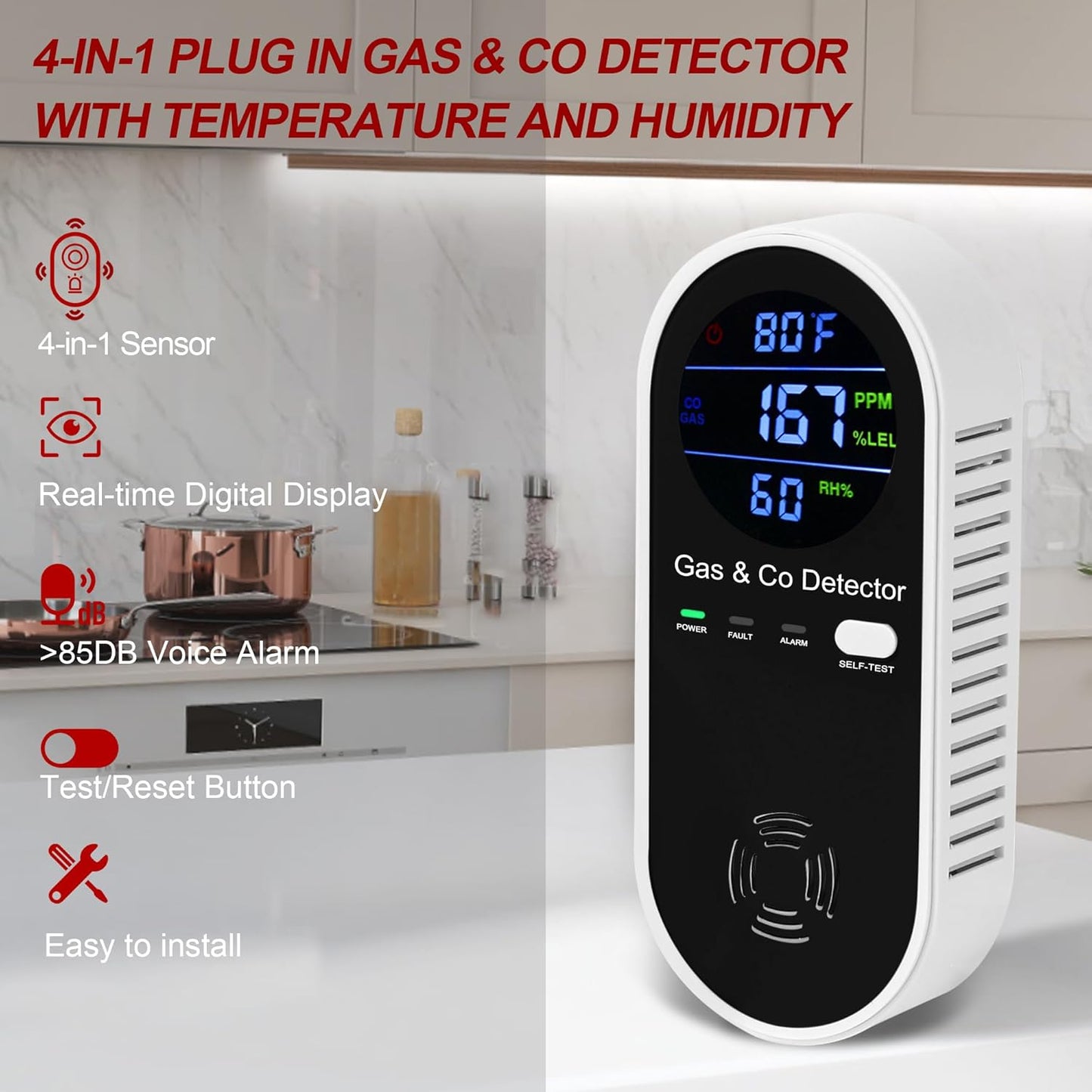 Koabbit Explosive-Gas & Carbon-Monoxide-Detectors, Plug in Carbon Monoxide Alarm,Natural Gas Detector,4-in-1 Combustible Gas & CO Detector with Fahrenheit(°F) & Humidity for Home,RV,Apartment