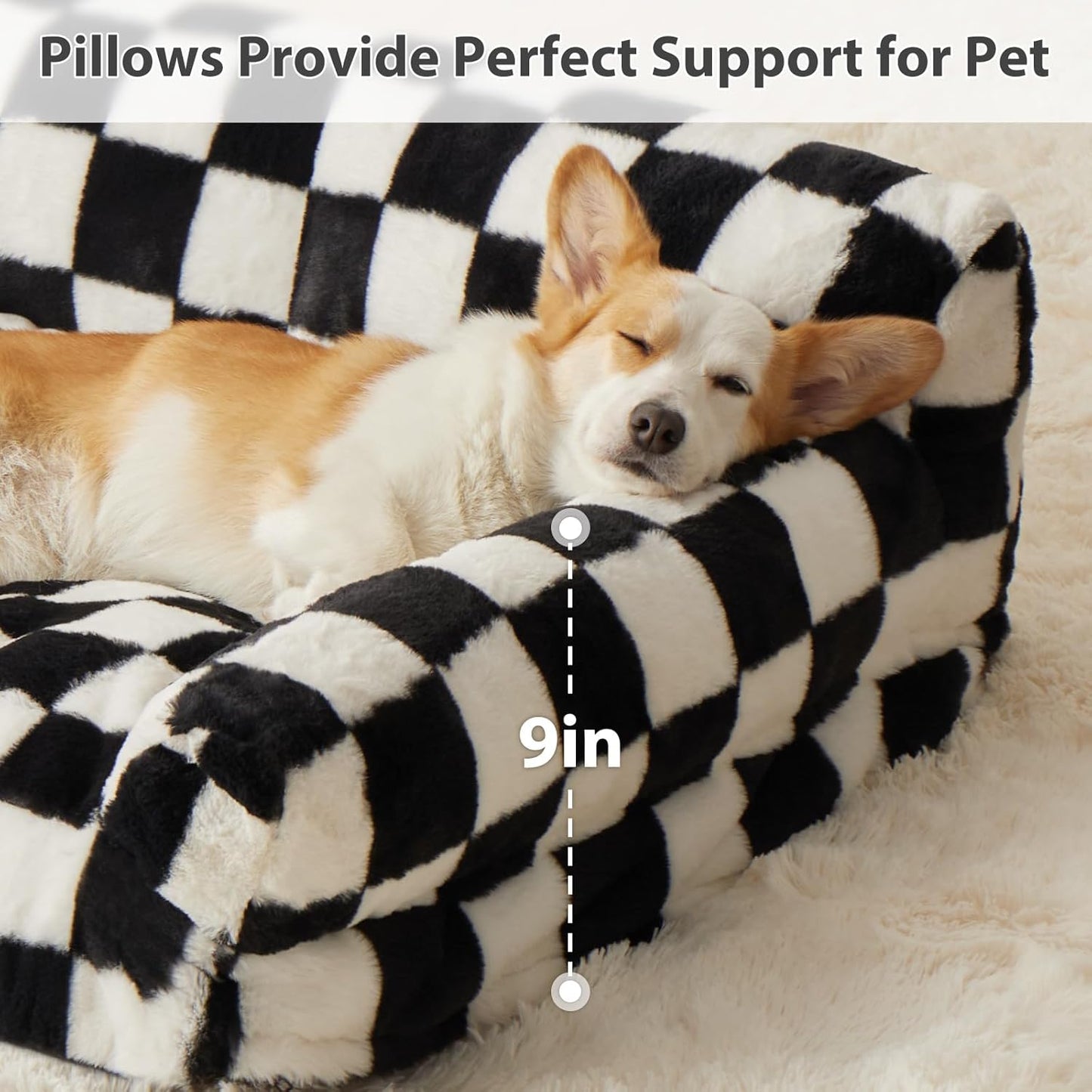 BFPETHOME Large Dog Couch Bed, Cute Pet Sofa with Non-Slip Bottom, Checkered Dog Bed with Washable Cover, XL Pet Couch (Black&White)