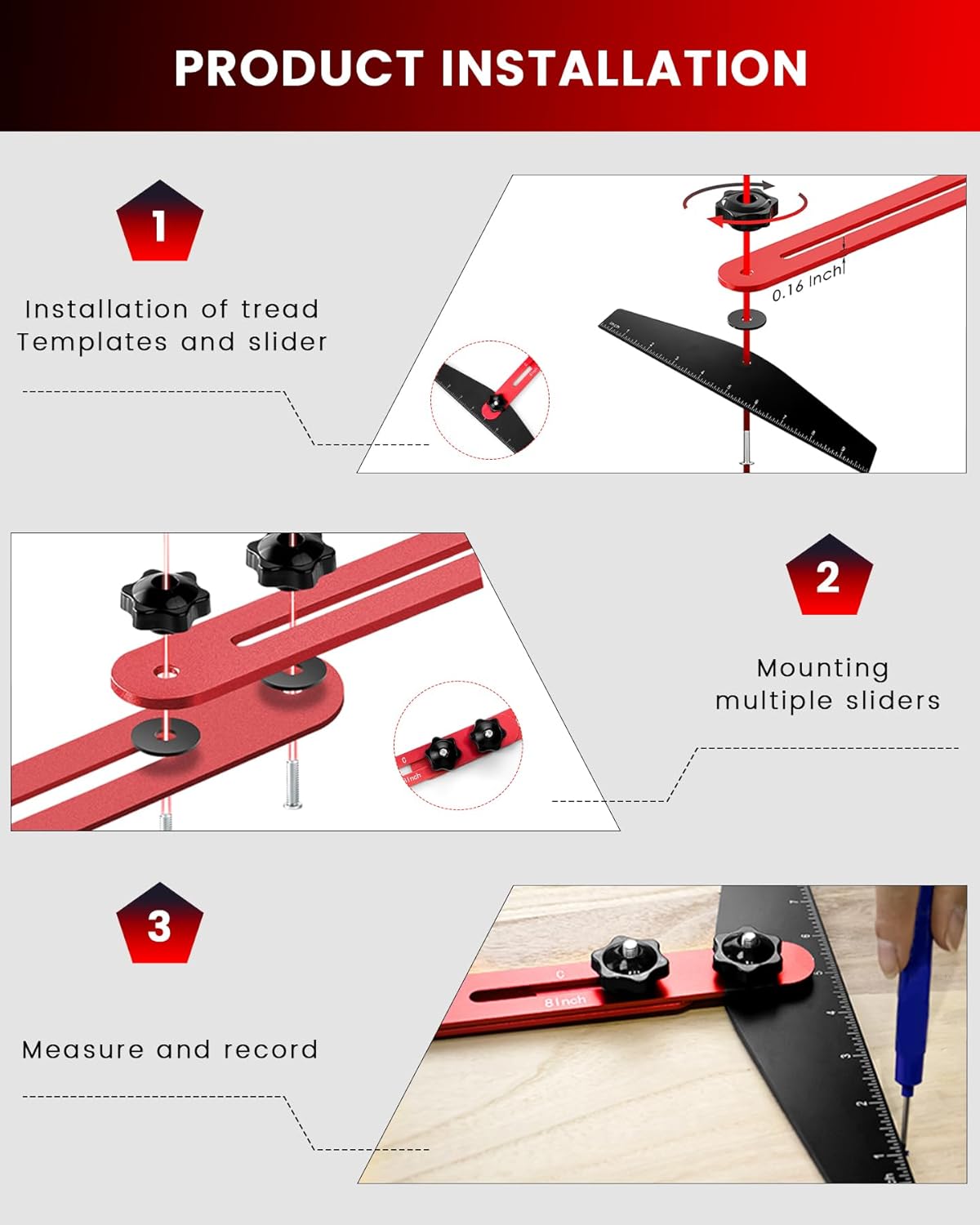 TANYO Stair Tread Template Tool, 8" to 60" Aluminum Stair Tread Jig for Accurately Measuring Angle, Length & Depth. Precision Stair Gauge Measuring Tool for Stairs, Floor, Cabinets