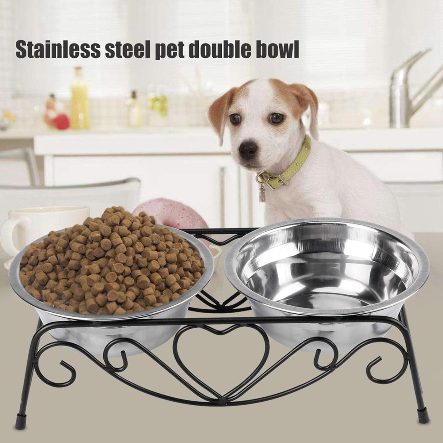 Maxmartt Pet Feeder, Stainless Steel Double Dog Cat Food Water Bowls Feeder Dishes Shelf Stand Pet Bowls with Iron Stand 26X14X8.5cm