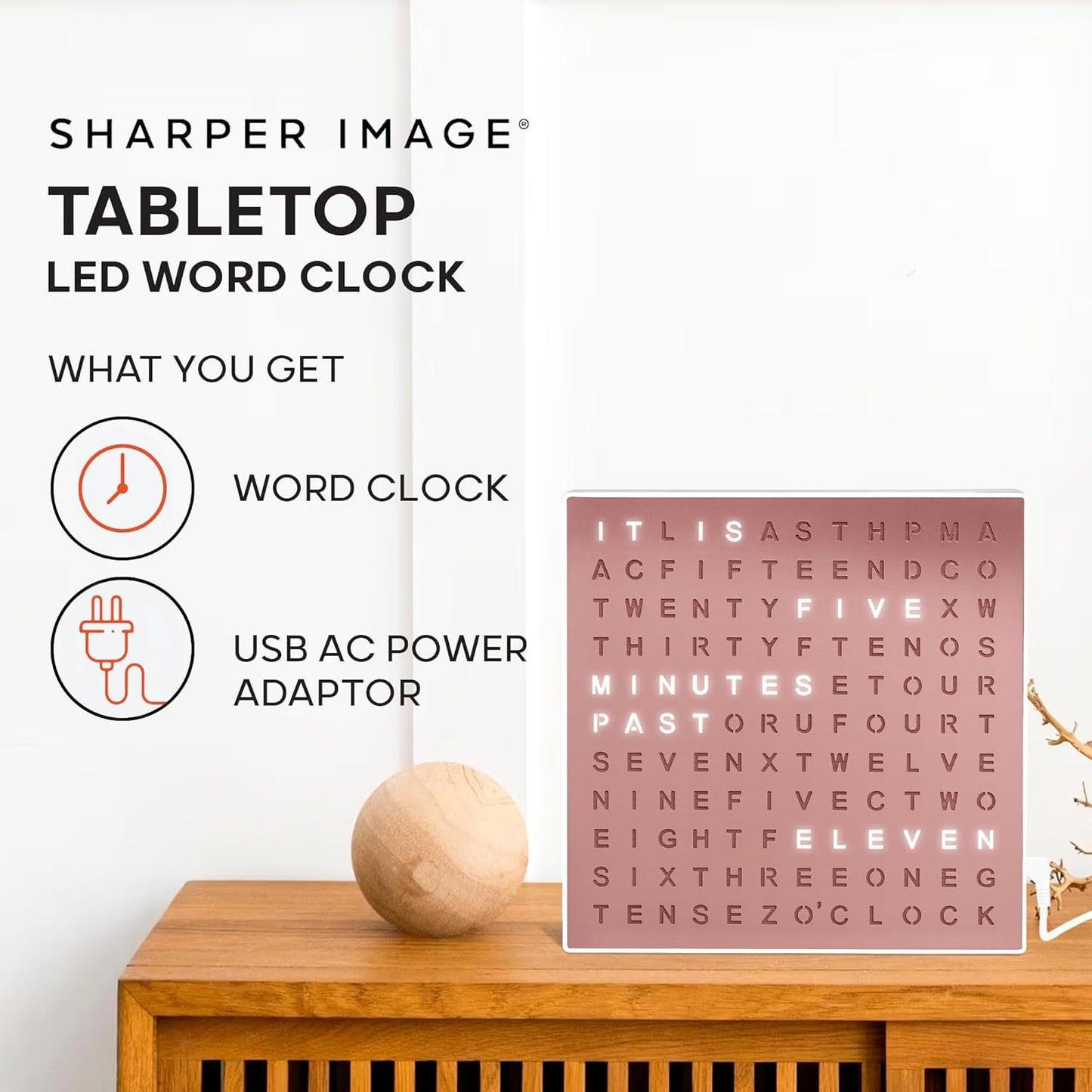 Sharper Image LED Word Digital Clock, 7.75", Rose Gold Finish, Light-Up Desk & Wall Clock, Modern Time Display, Shelf or Wall Decor for Home Office, Living Room, Kitchen & Bedroom, Housewarming Gift