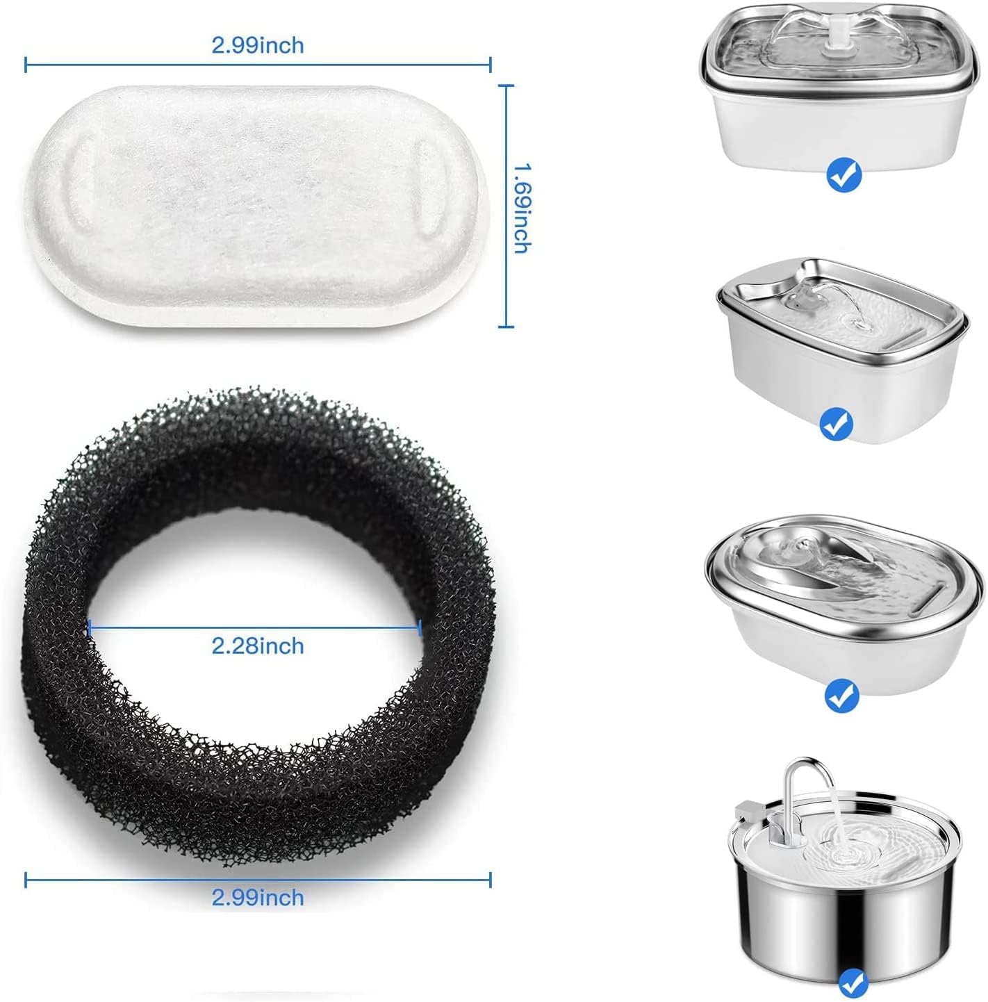 10-Pack Filters, Compatible with TOMXCUTE and SOOFPET 108oz/3.2L pet Fountain, Stainless Steel cat water Fountain with Sponges