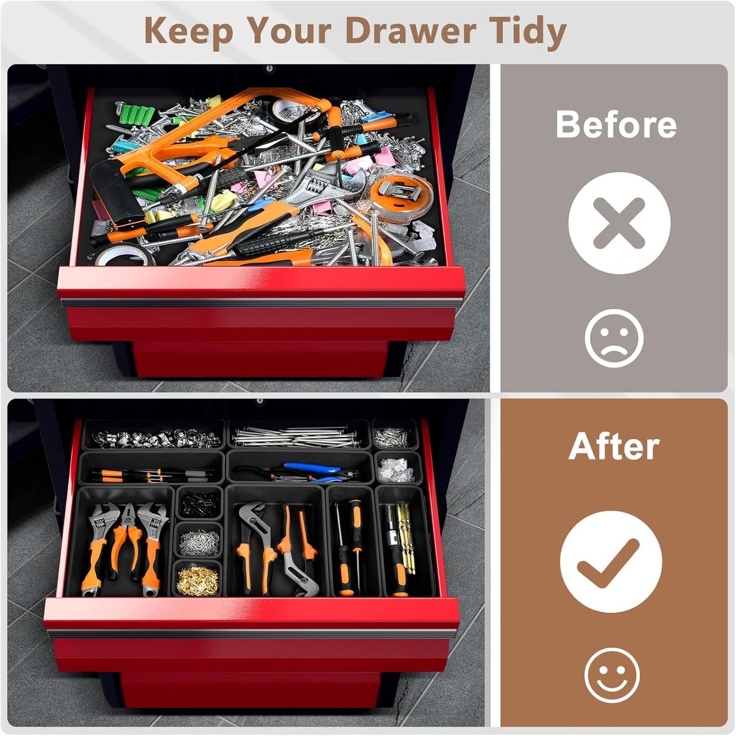 A-LuGei 【𝟲 𝗦𝗜𝗭𝗘】 Tool Box Organizer Tray Set【Fits 100+ Tools】 Black Plastic Drawer Divider Desk Drawer Organizer Garage Organization for Rolling Tool Chest Cart Workbench Office Storage