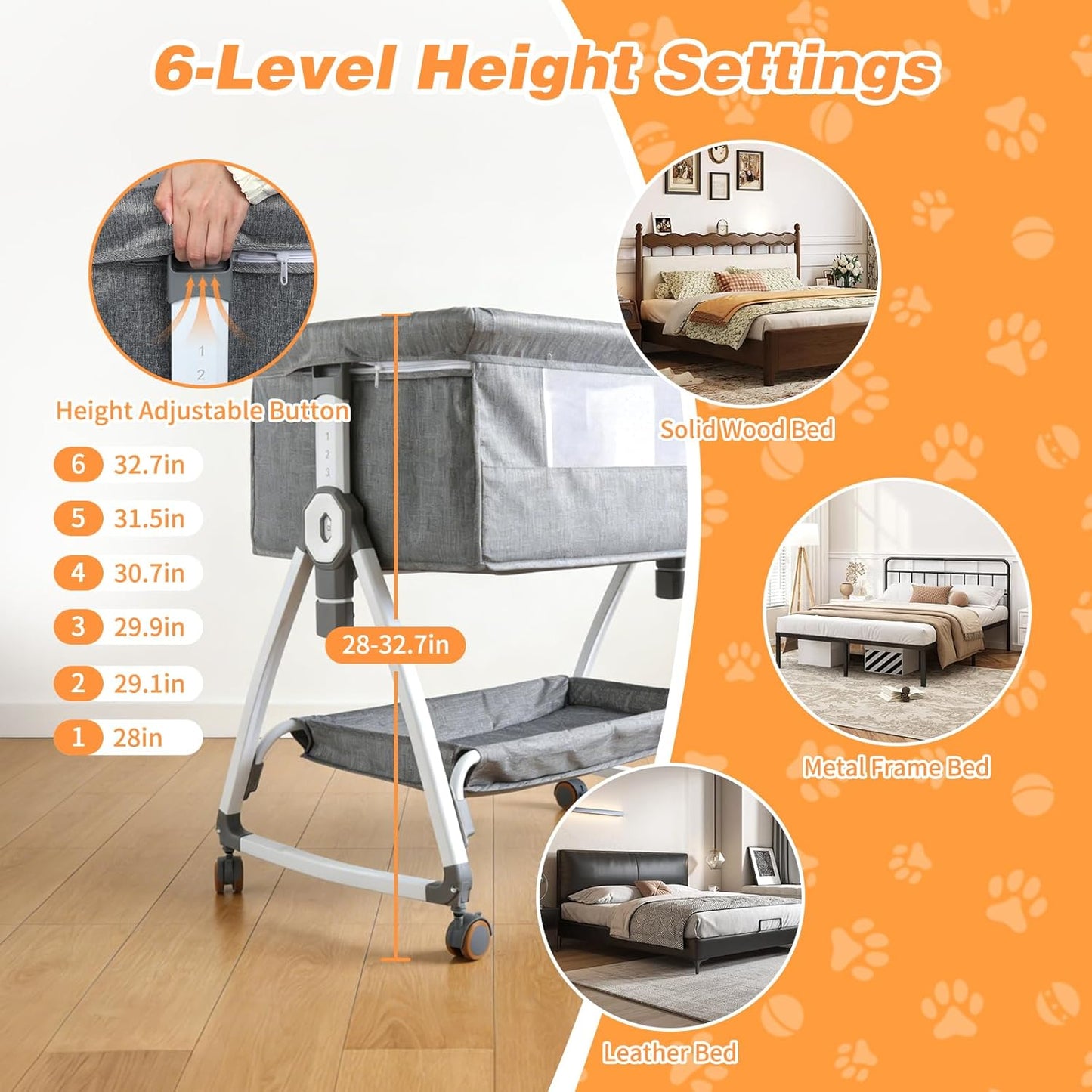 YUEPET Bedside Dog Bed Sleeper, 6-Level Adjustable Pet Bassinet with Lockable Wheels, Removable Washable Cover, Breathable Mesh & Large Storage Extension for Small Medium Dogs Cats (35'' × 21.7''