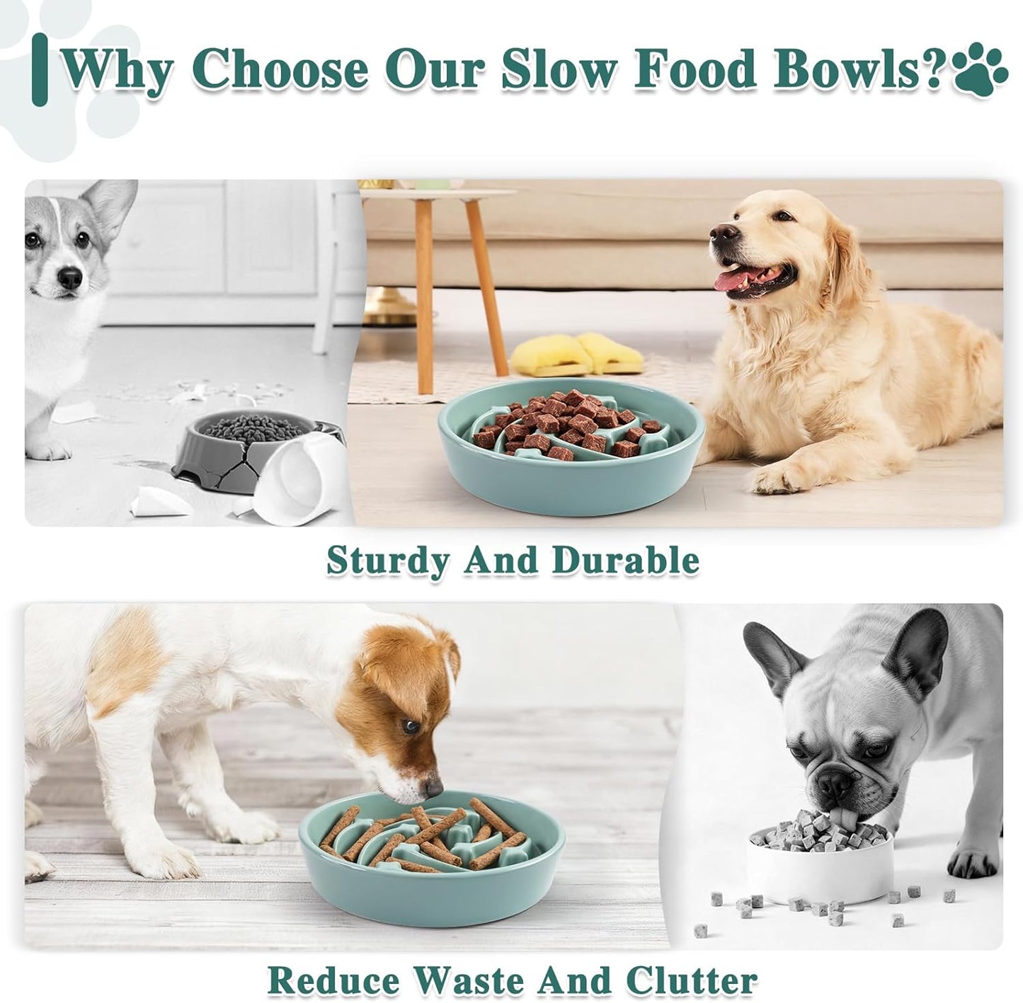 Ceramic Slow Feeder Dog Bowls, 2 Cups Dog Food Dish for Medium and Large Breed, Puzzle Dog Food Bowl for Fast Eater, 28OZ, 8.15 inch(Light Green)