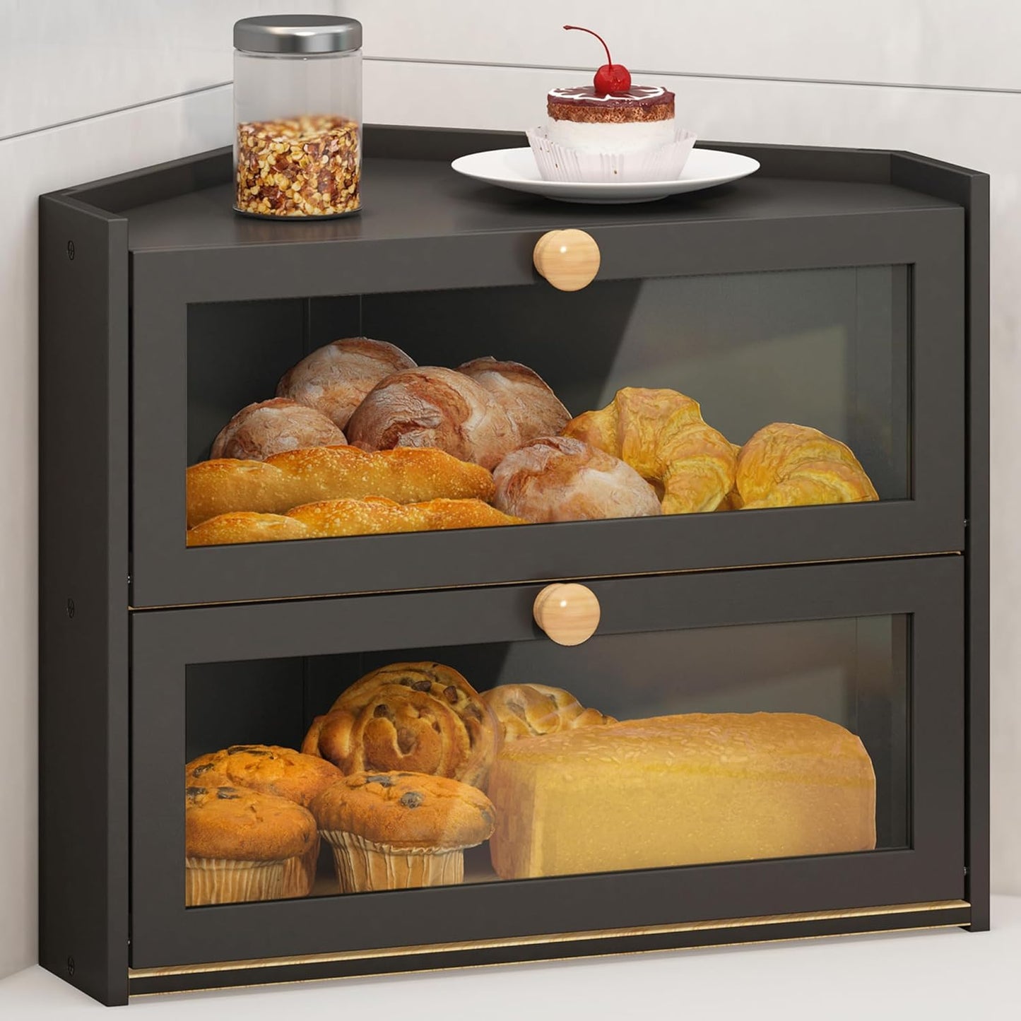 Black Corner Bread Box for Kitchen Countertop, Large Bread Container Storage Bamboo Wooden Farmhouse Bread Box with Window Bread Holder