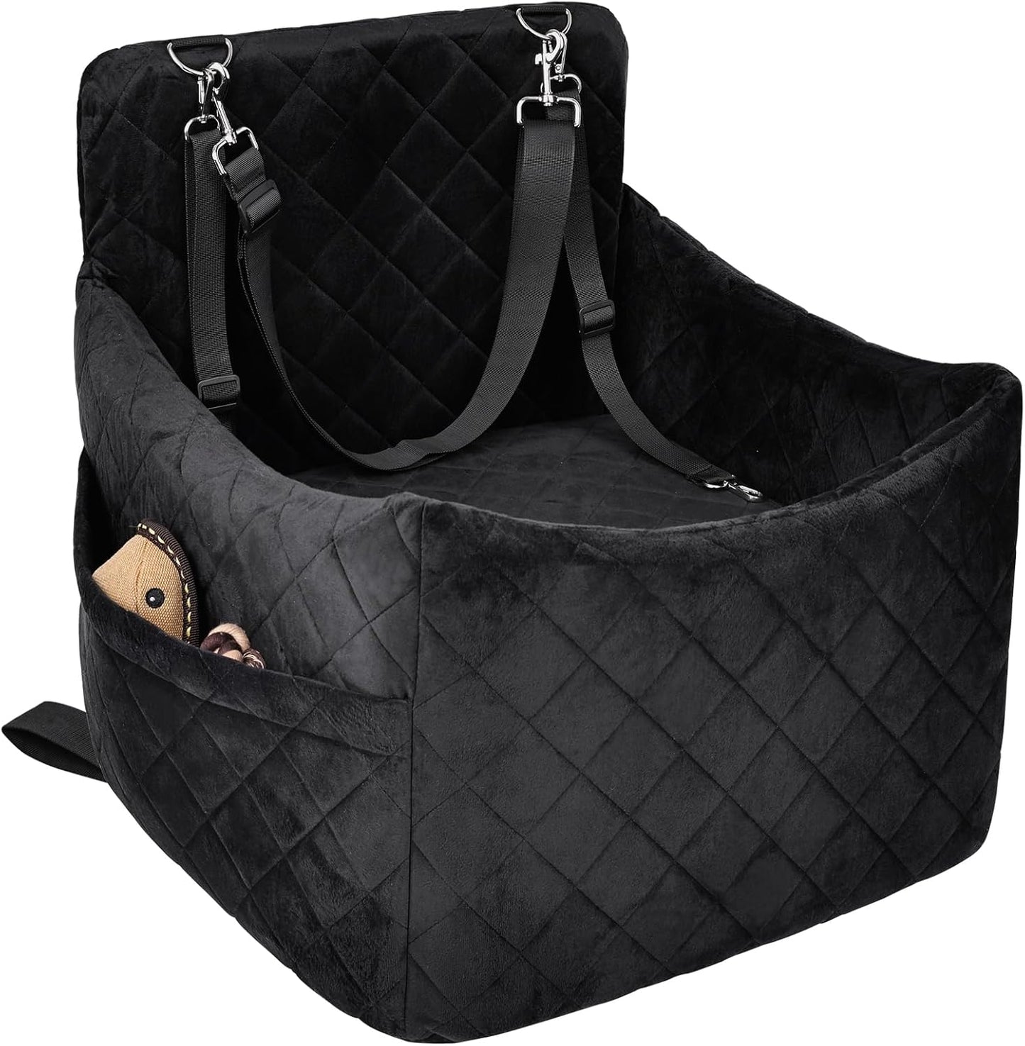 Dog Car Seat for S/M Dogs, Memory Foam Dog Booster Car Seat Up to 35lbs, Detachable Washable Pet Travel Bed with Side Pockets and 2 Safety Belts, Easy to Install (Black)