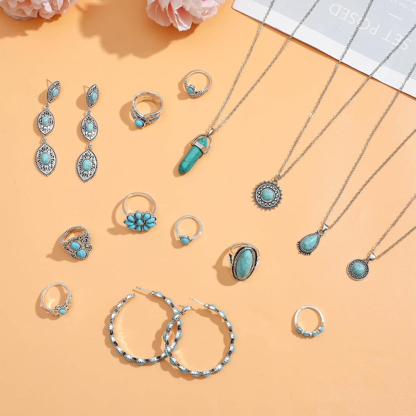 NEWITIN 20 Pieces Silver Bohemian Jewelry Set for Women Fashion Costume Jewels Turquoise Necklace Bracelet Ring Earrings Western Turquoise Jewelry Set for Women