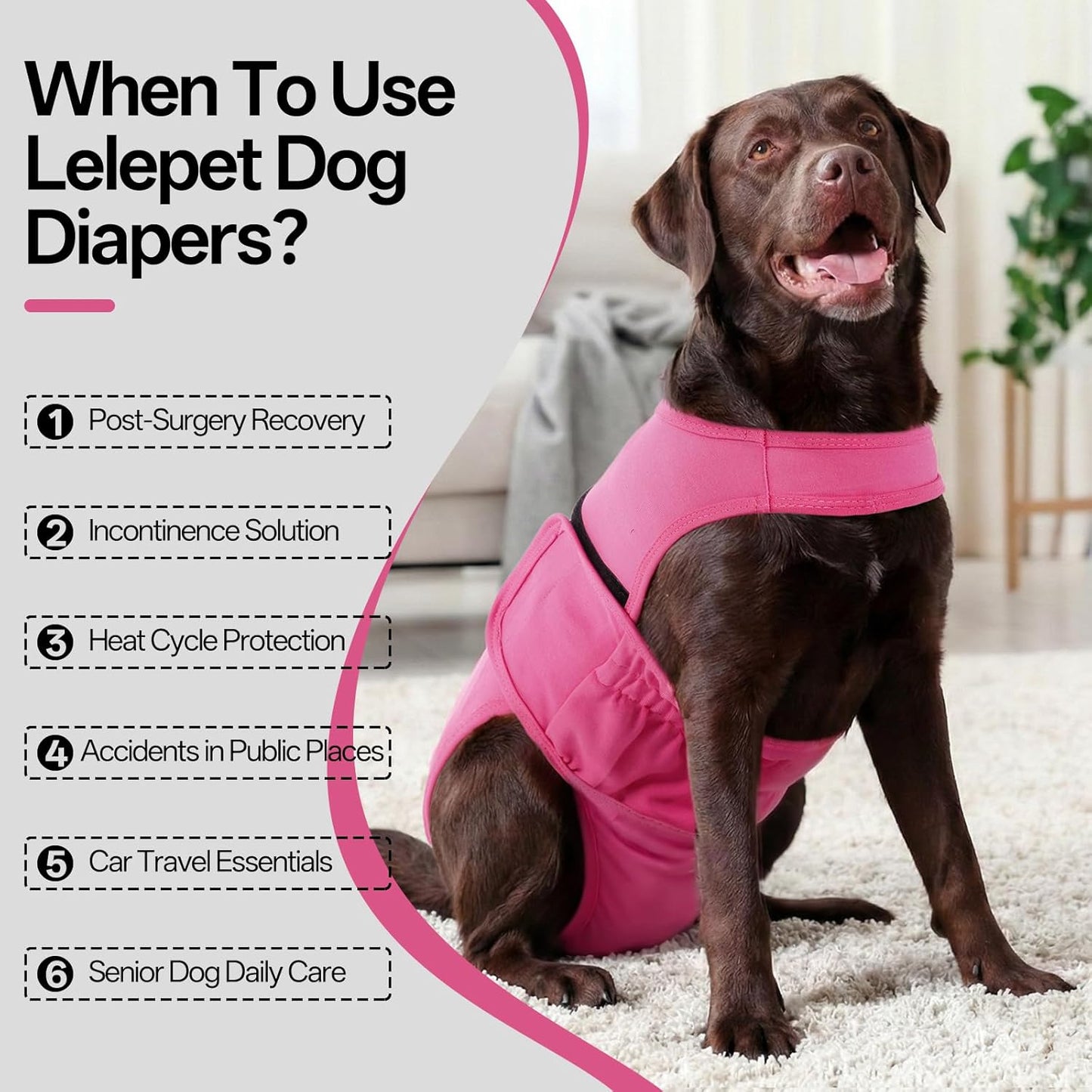 Lelepet Dog Diapers Female Washable, Reusable Puppy Doggie Pet Panties for Dogs in Heat, Adjustable Dog Diapers with Suspenders for Small Medium Large Dogs in Heat, Period, Incontinence, Pink XL