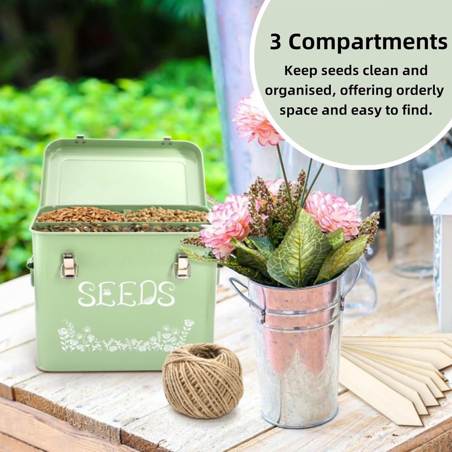 Seed Storage Organizer, Metal Seed Saving Box with Garden String and 10 Wood Plant Labels, 3 Compartment Seed Container Bin with Lid and Safety Locks, Perfect for Flower Plants Garden Lover