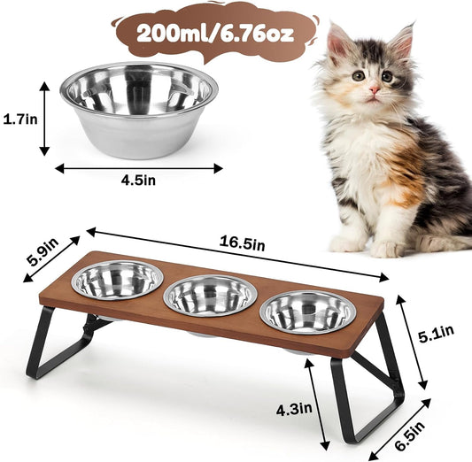 Elevated Cat Bowls, 10° Tilted Stand Anti Vomiting Raise Cat Bowl for Food and Water, 3 Stainless Steel Bowls for Indoor Cats, Kitten and Puppy