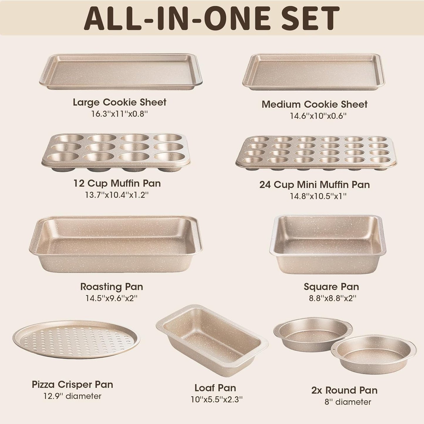 10-Piece Baking Pans Set, Bakeware Sets Nonstick, Baking Set for Oven Cooking, Stackable Carbon Steel Pans Include Cookie Sheets, Muffin Pan, Cake Pan, Pizza Pan, Loaf Pan, Roasting Pan, Gold