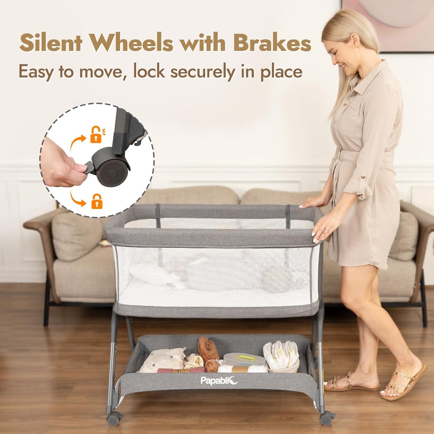 Papablic Baby Bassinet, Bedside Bassinet for Baby with Four-Sided Breathable Mesh & Soft Mattress, Adjustable Bassinet Bedside Sleeper with Storage Basket and Wheels, Easy to Assemble, Gray