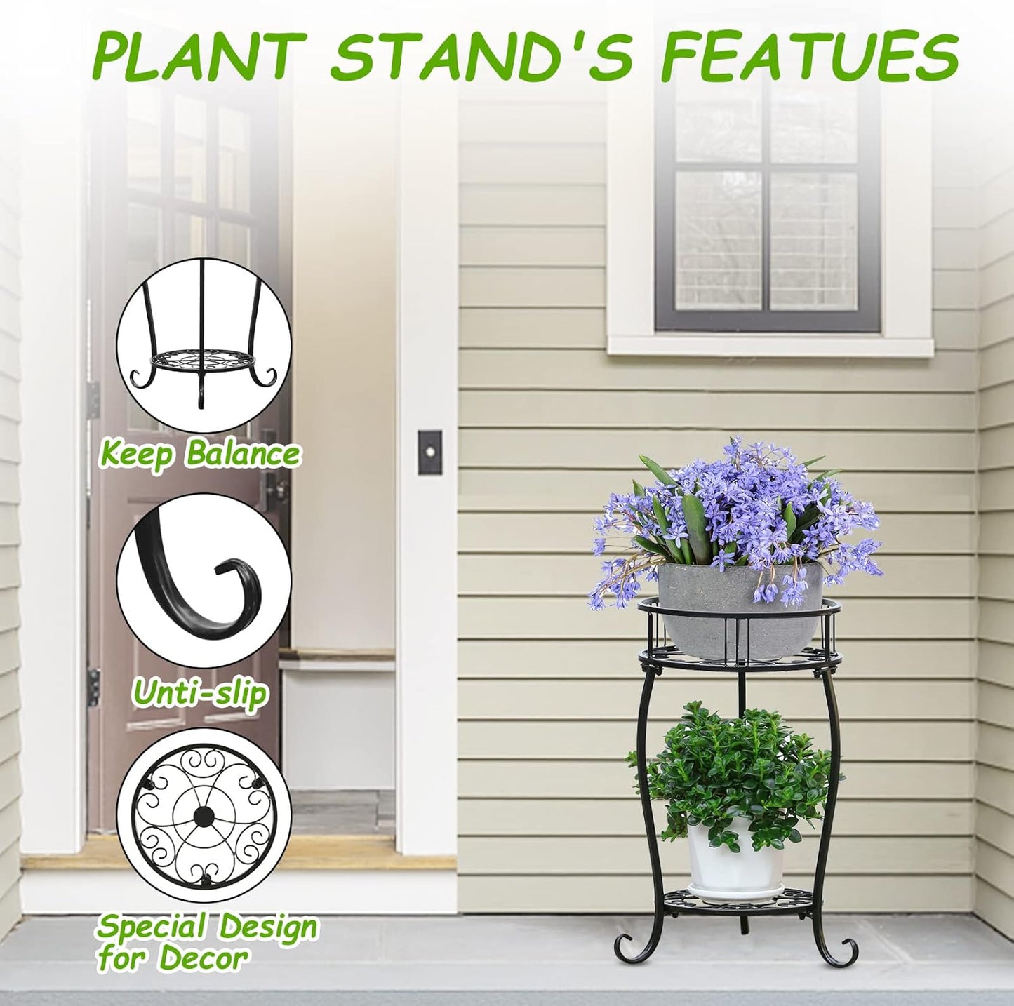 Potted Plant Stand 2 Tier Metal Flower Pot Stand Anti-Rust Heavy Duty Plant Holder Shelf for Home Indoor Outdoor