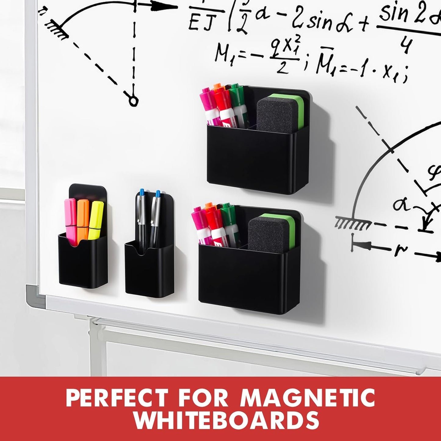 BEYGORM Magnetic Marker Holder for Whiteboard and Locker, 4 Pack Magnetic Cups for Dry Erase Markers, Pen and Pencil Organizer for Fridge Storage, Classroom and Office Accessories (Black)