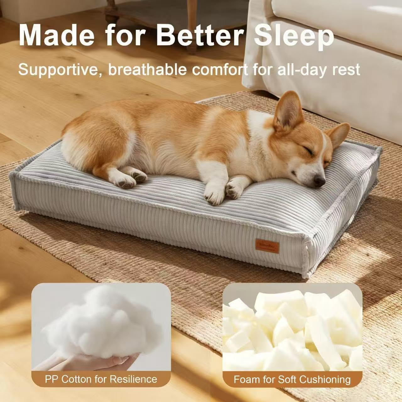 FUKUMARU 5.5-Inch Thick Dog Bed Mat, Washable Cat Bed with Waterproof Lining, Orthopedic Dog Beds for Senior Dogs, Cozy Flat Dog Kennel Bed for Crate, Non-Slip Pet Pillow Bed, Grey