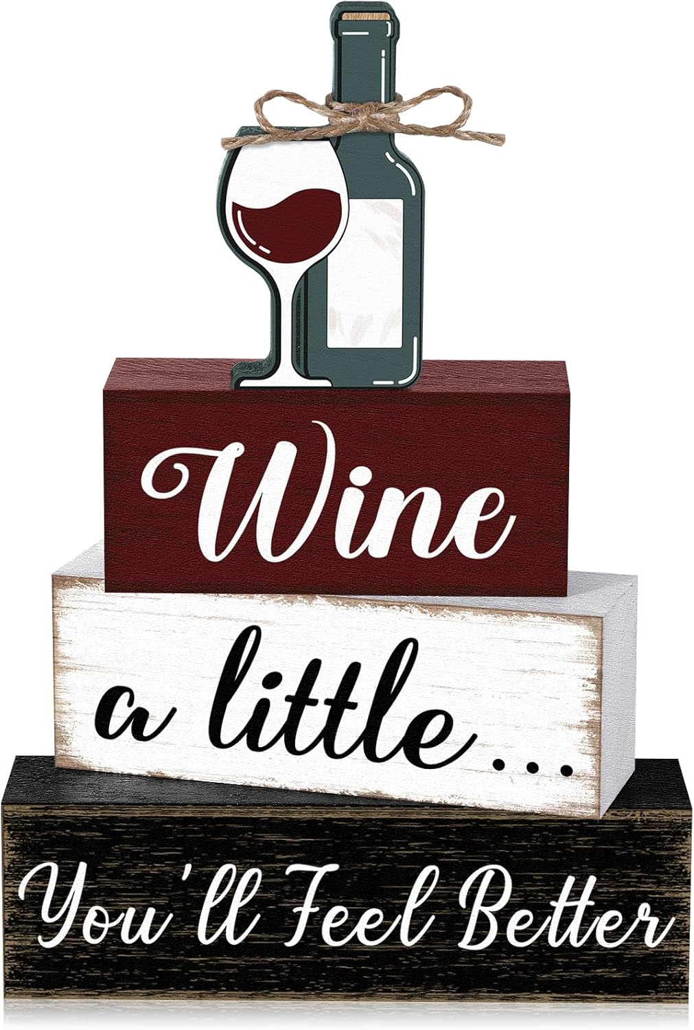 Marsui 4 Pcs Wine Tabletop Decor Rustic Coffee Bar Tiered Tray Decor Decorative Wood Wine Bottle Block Sign Gift Wooden Farmhouse Table Centerpiece for Home Party Shelf Desk Decoration