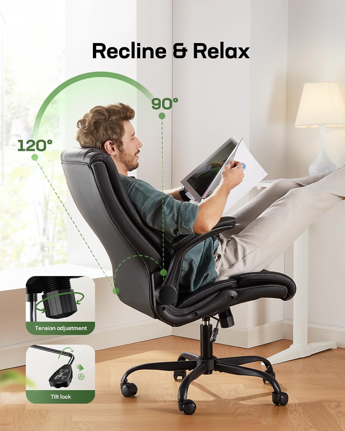 Marsail Executive Office Chair with Flip-up Armrests,PU Leather Ergonomic Desk Chair Height-Adjustable Swivel Rolling Computer Desk Chair,Black