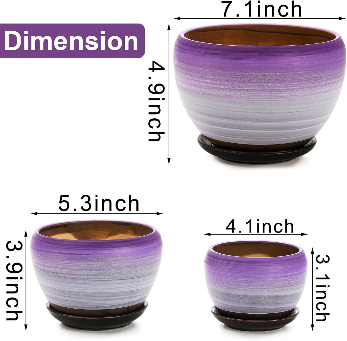 SOUJOY Set of 3 Ceramic Flower Pots, Gardening Plant Pot with Drainage Holes and Saucer, 7/5/4 inch Purple Round Succulent Herbs Cactus Planter for Indoor Outdoor