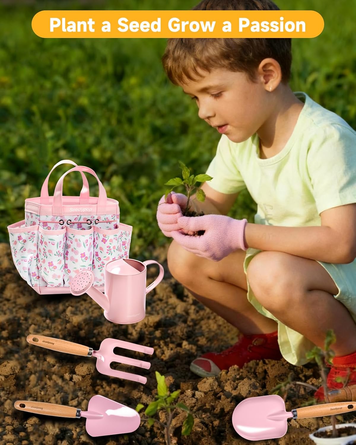Kids Gardening Tool Set Toys - 8 Pieces Quality Garden Kit for Toddlers & Kids with Shovels, Rake, Watering Can, Hat, Apron, Gloves & Storage Bag (Pink Flower)