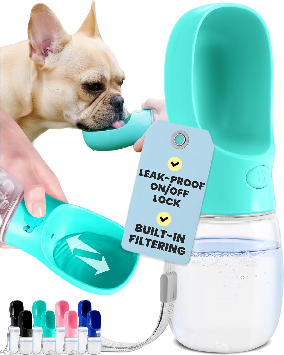 MalsiPree Dog Water Bottle Dispenser - 12 oz Blue - Leak-Proof Lock & One-Hand Operation - Dog Water Bowl Dispenser - Pet Travel Bottle with Built-in Bowl