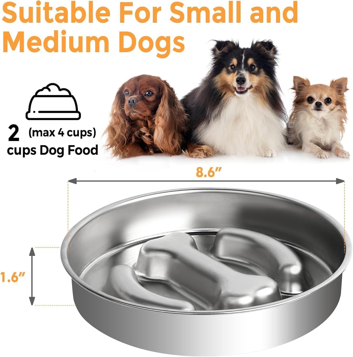 Small Dog/Puppy Slow Feeder, Stainless Steel Feeding Bowl with Unique Bone Design for Slower Eating Non-Slip Base
