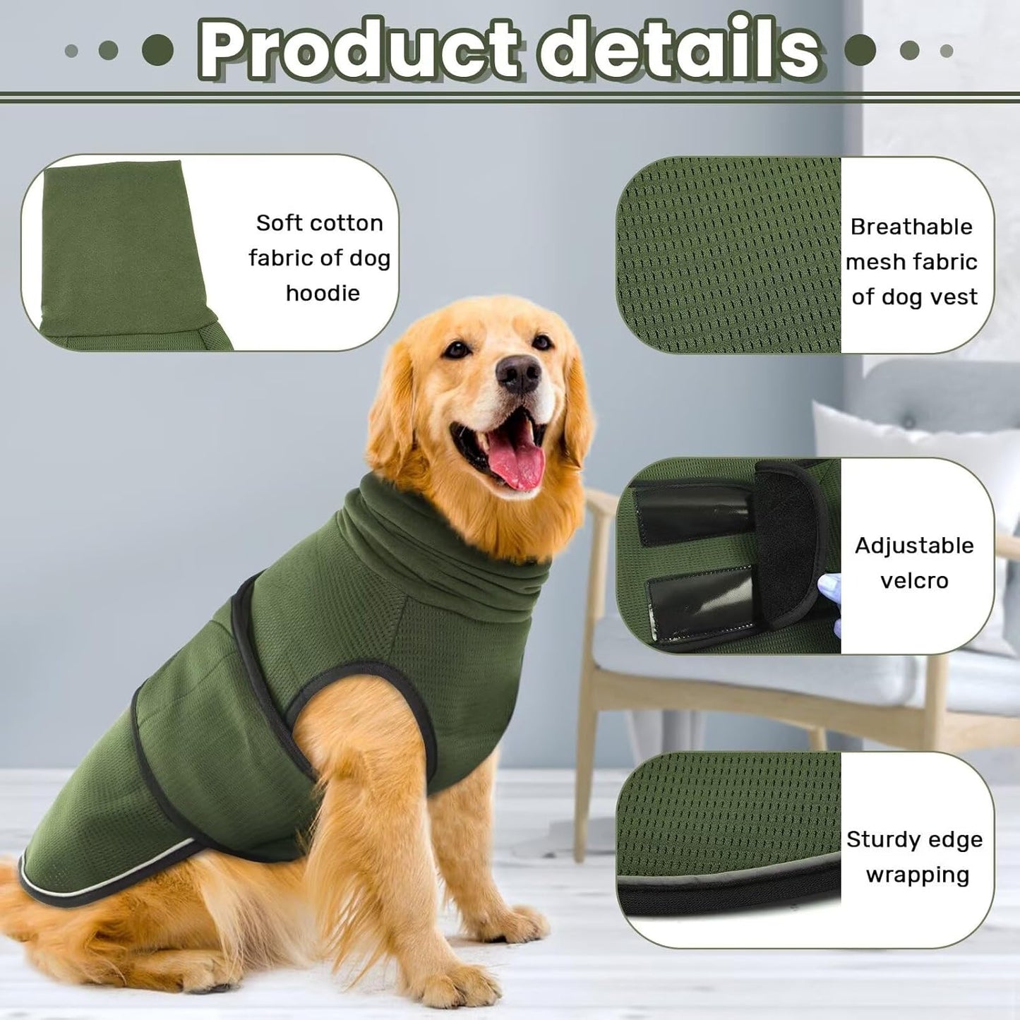 IDOMIK Dog Anxiety Calming Hoodie, Breathable Dog Jacket Vest for Thunderstorms, Fireworks, Vet Visits, Separation, Adjustable Noise Block & Ear Protection Recovery, Green, M