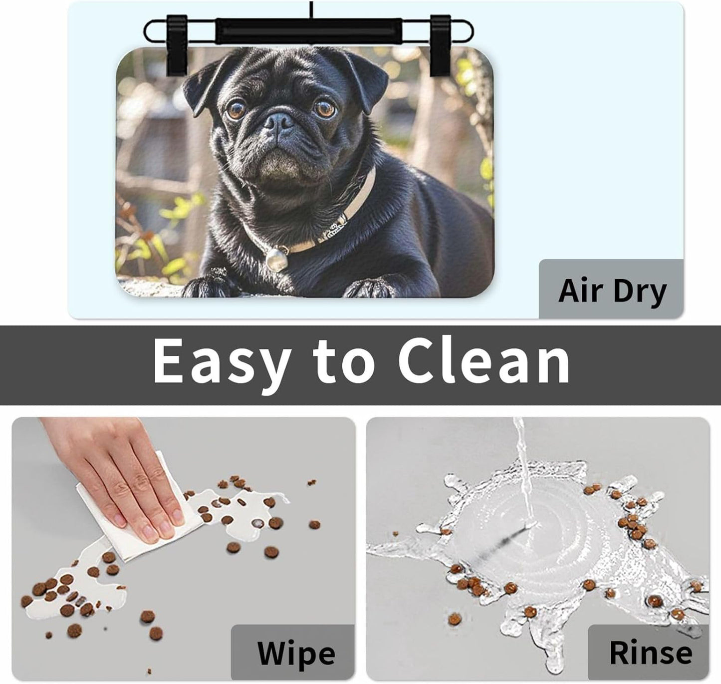 Pet Feeding Mat Leather Dog Food Mat Waterproof Pet Tablecloth Cute Black Pug Dog Pet Placemat for Dogs Absorbent Dog Bowl Mat Anti-Slip Dogs Mats for Food and Water