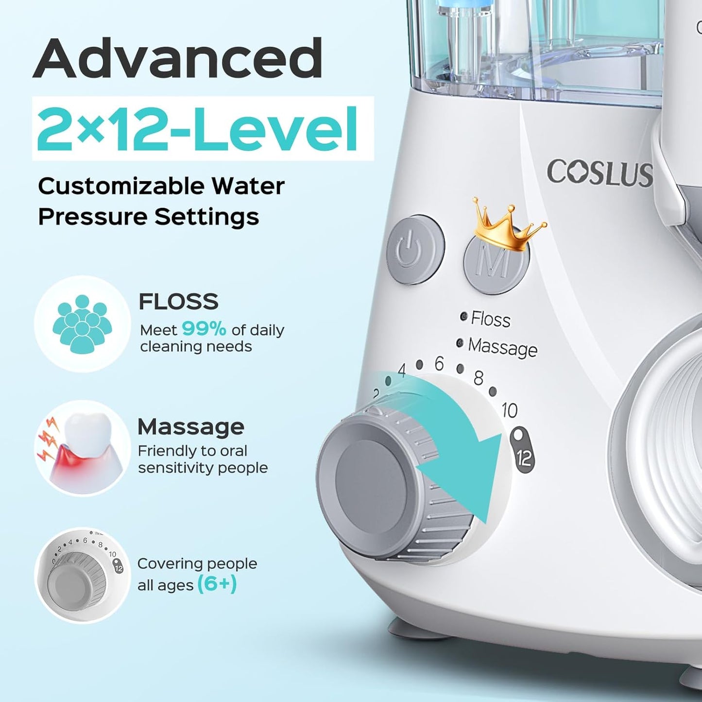 COSLUS E2 Advanced Water Flosser for Teeth: 2 Modes & 12 Pressure Settings Electric Dental Pick for Orthodontic, Braces, Sensitive Gums - Home Use, 5 Jet Tips for Multiple Users, Family, White
