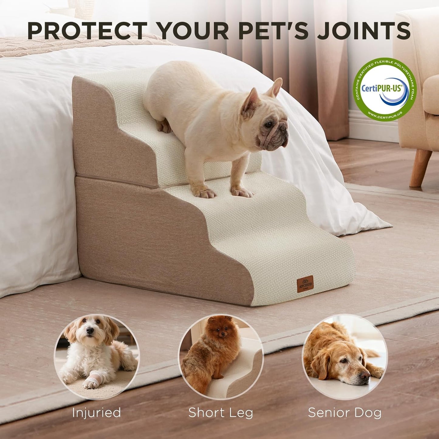 Joydeco Dog Stairs for Bed 29" H, 5-Step Pet Steps for Small Dogs and Cats, Dog Steps for High Bed, Non-Slip Balanced Ramp Indoor Pet Stairs, Beige